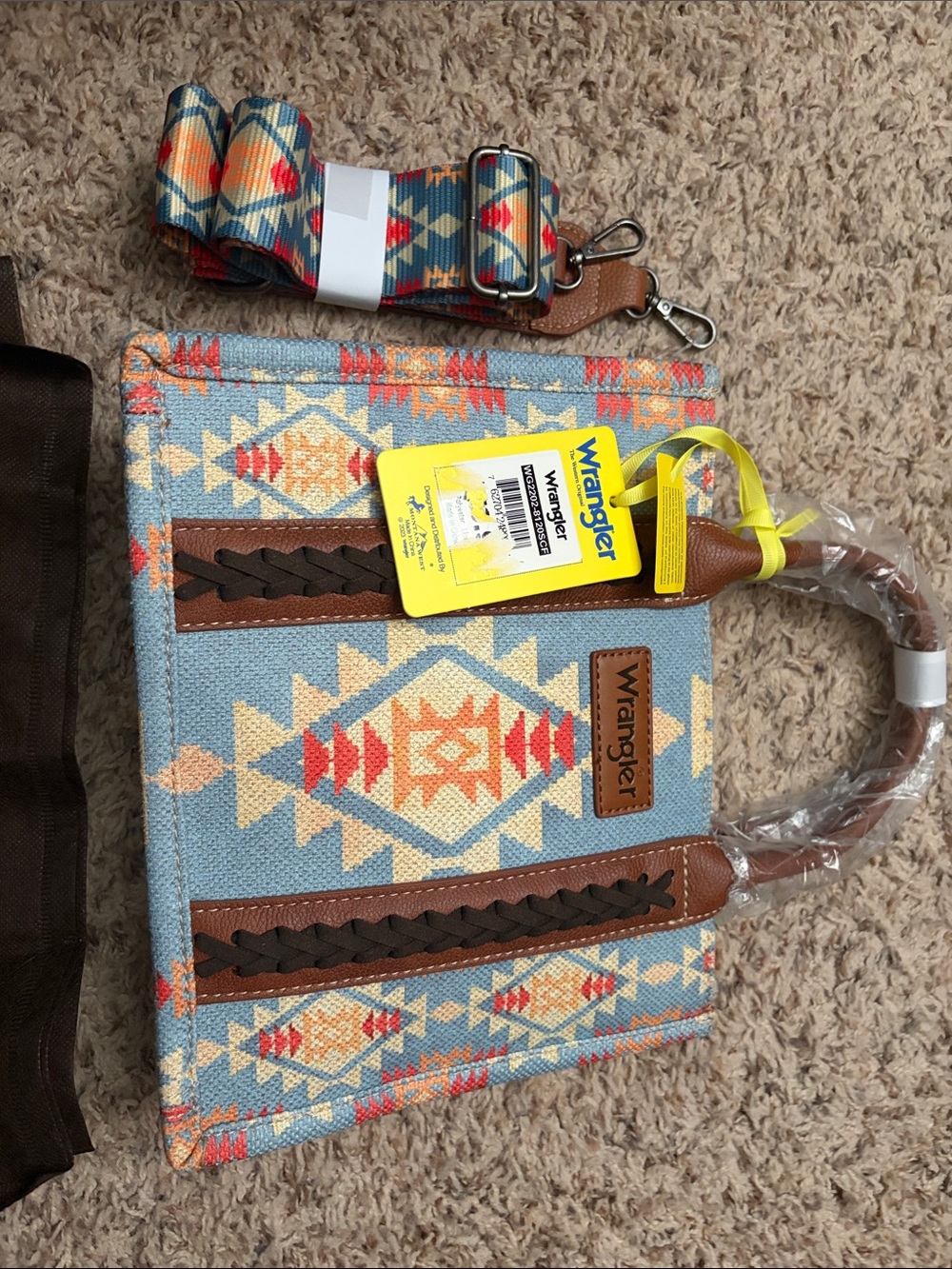 Wrangler Aztec Canvas Tote in Light Blue, Coral & Tan